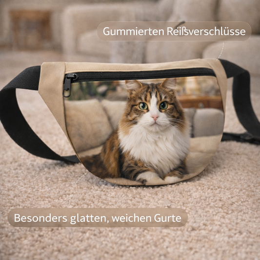 Qualitätsdetails der Tasche mit Haustier-Print: Robuste gummierte Reißverschlüsse und weiche, verstellbare Gurte. Wir fertigen langlebige Accessoires nach deinem Foto in nur 2–5 Werktagen an.