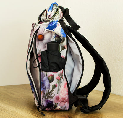 MultiPocket Rucksack Rolltop mit Blumendesign – Handmade in Deutschland