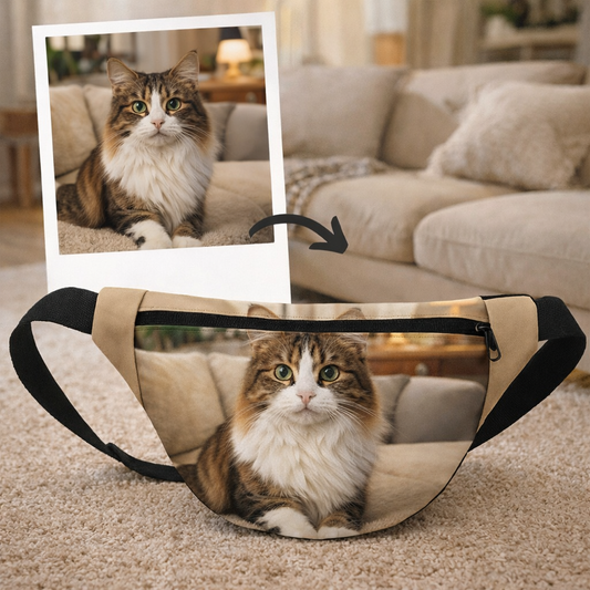Personalisierte Bauchtasche mit Foto deiner Katze: So wird dein Lieblingsschnappschuss zum individuellen Accessoire auf Bestellung. Das perfekte Geschenk für Katzenbesitzer.