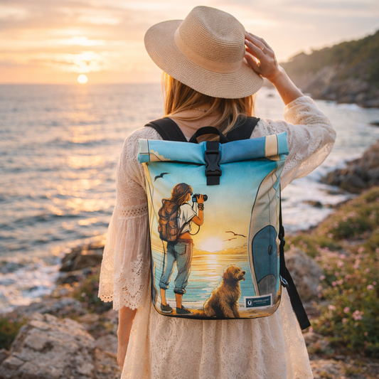 Ein Rolltop-Rucksack mit maritimen Sommermotiven. Ein Mädchen mit Rucksack steht am Meer.